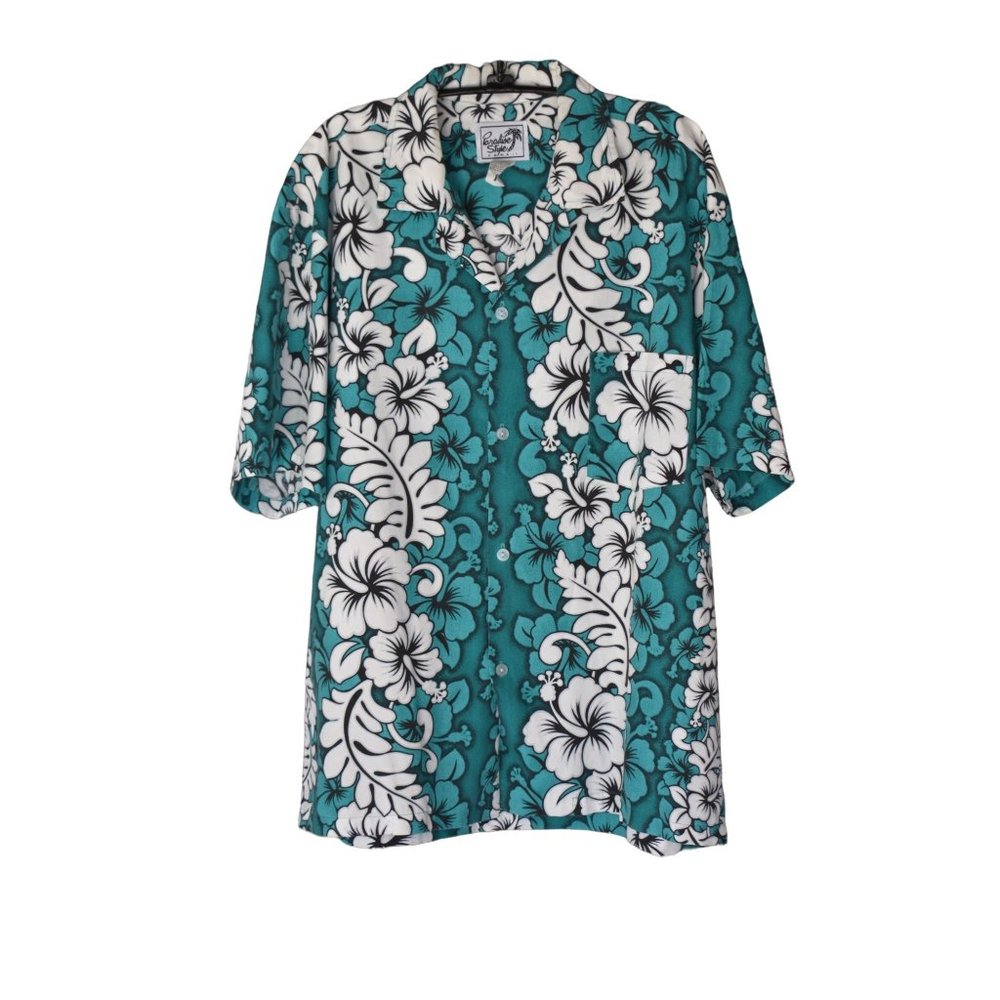 Men's Vintage 1990's Paradise Style Teal & White Hawaiian Dad Shirt Size L